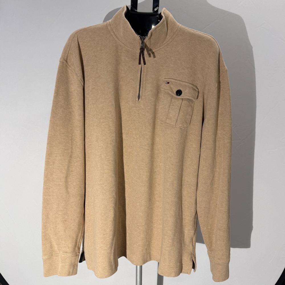 Tommy Hilfiger Mens Tan Ribbed Quarter Zip Pullover Shirt XXL‎